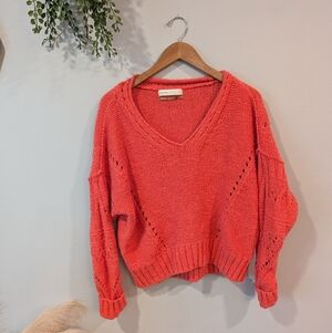 Anthropologie Cozy Oversized Coral V-Neck Sweater Size Xs